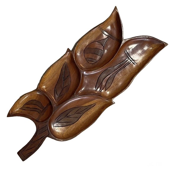 Vintage Monkey Pod Leaf Tiki Tray Wood Carved Mid Century Large Charcuterie Rare - Picture 1 of 2